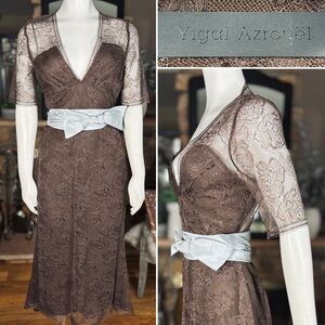 Yigel Azrouel Brown Shimmer Lace Vneck Dress w/ Attached Ice Blue Sash Belt Sz 8